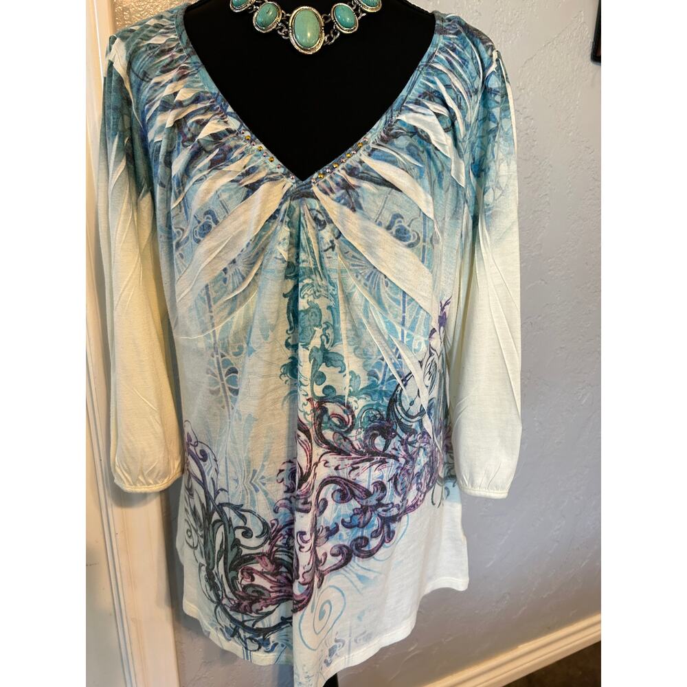Style & Co. Blue Scroll Abstract V-Neck Embellished Top - Size L - EUC - Picture 4 of 7